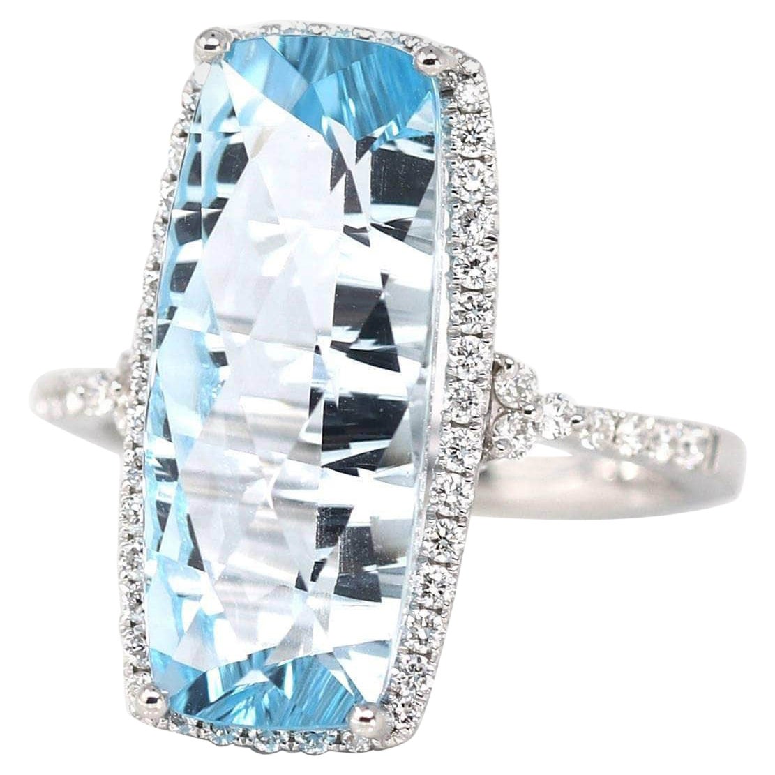 14k White Gold Genuine Swiss Blue Topaz Ring with Diamonds For Sale