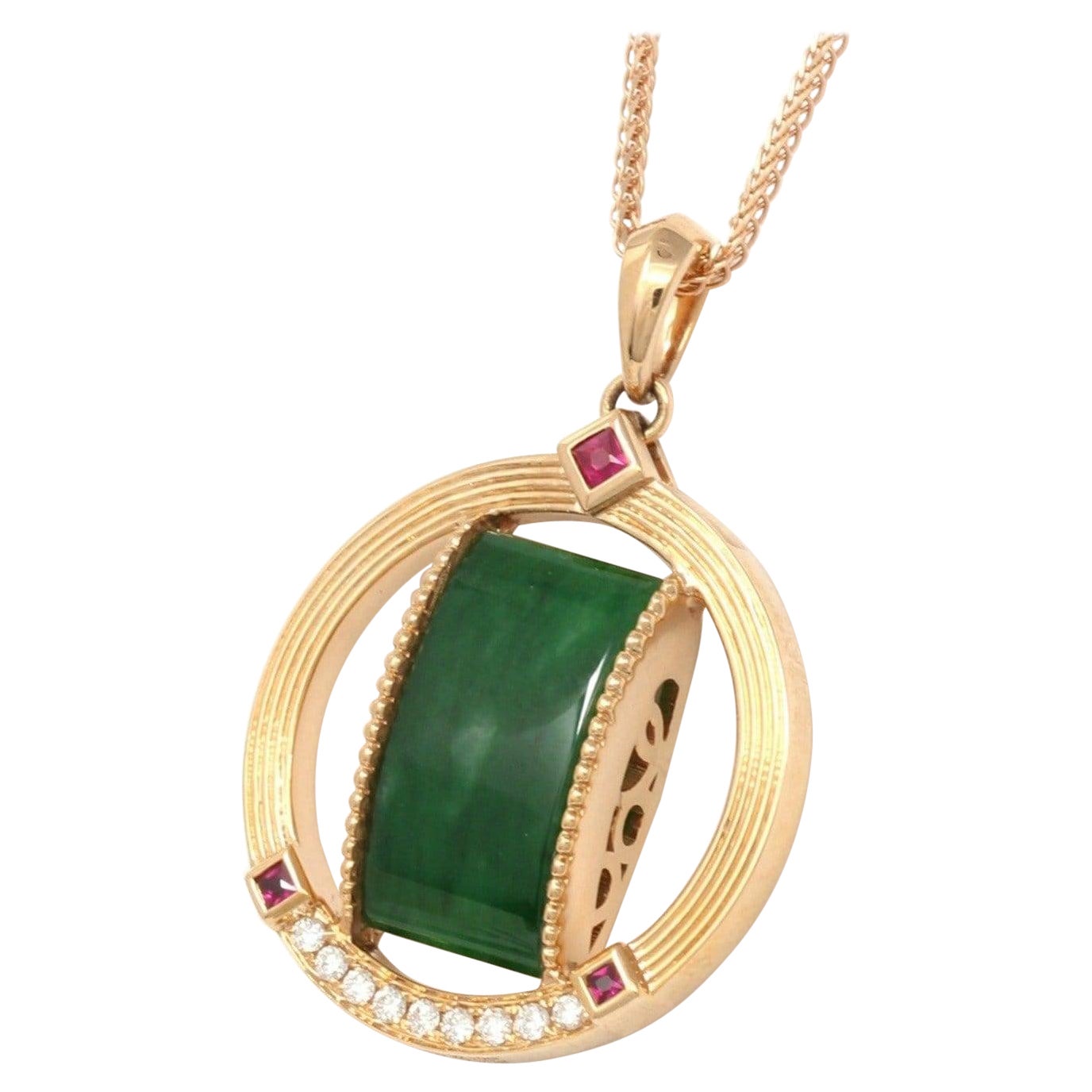 18k Rose Gold Genuine Burmese Jadeite Pendant Necklace with Diamond & Ruby For Sale