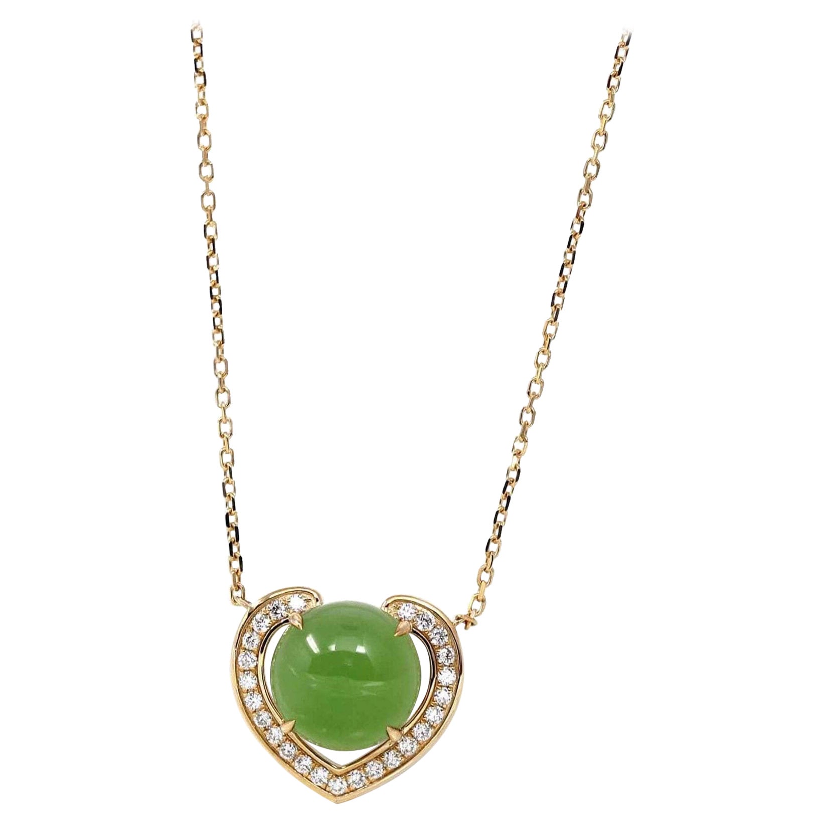 14K Gold Genuine Green Apple Green Jade Love Pendant Necklace with VS1 Diamond For Sale