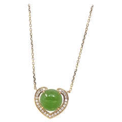 Used 14K Gold Genuine Green Apple Green Jade Love Pendant Necklace with VS1 Diamond