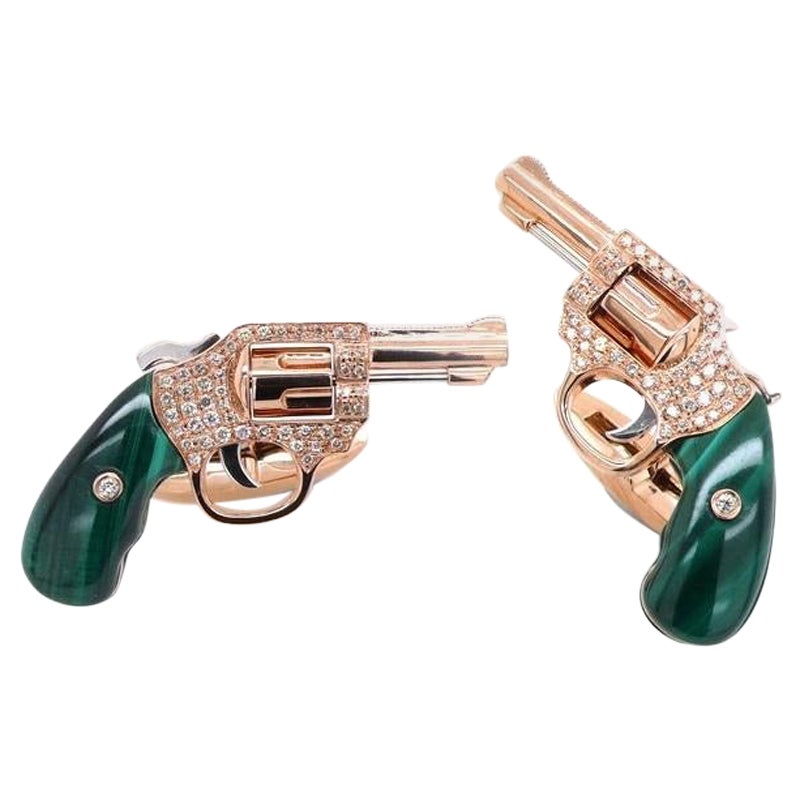 Diamond Pave Green Malachite Luxury Gun Revolver 18 Karat Gold Mens Cufflinks For Sale