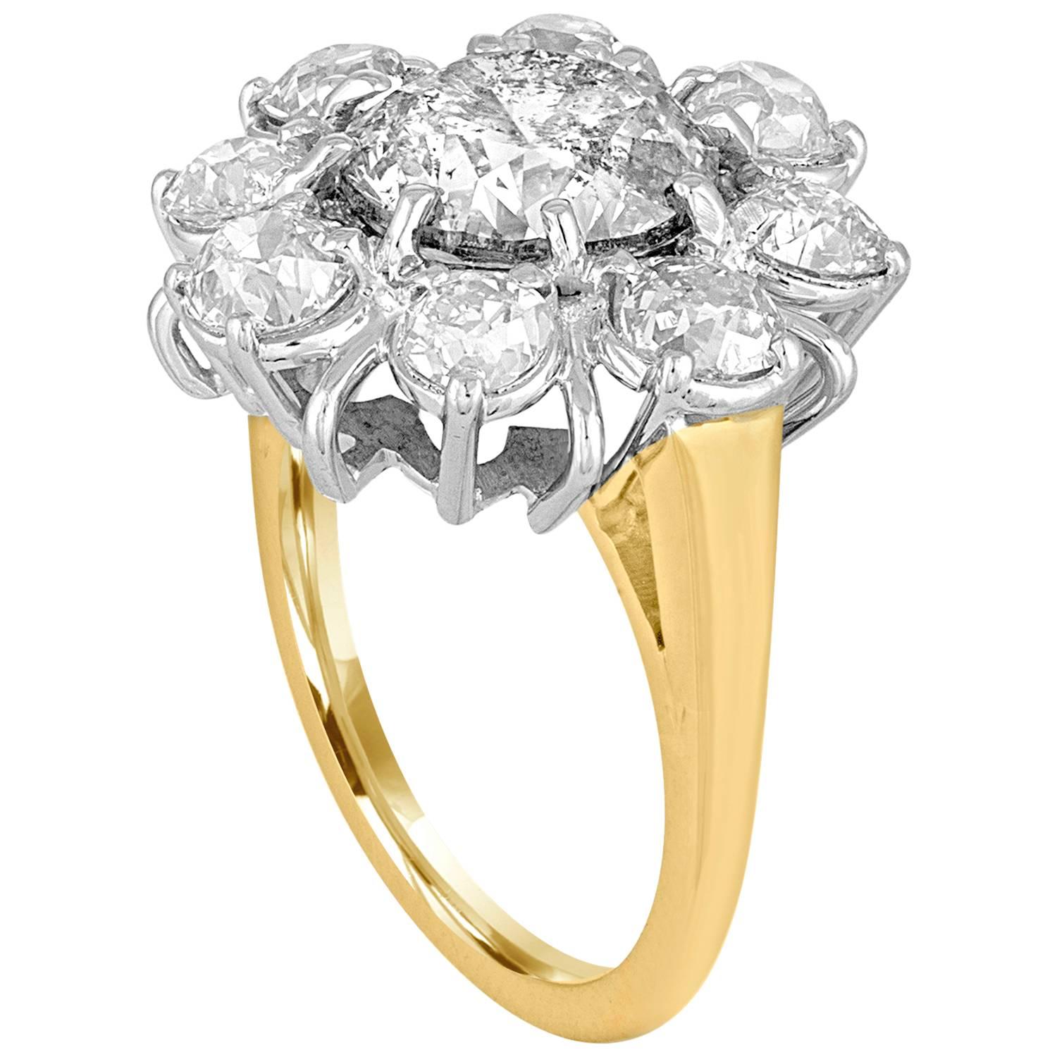 3.34 Carat Diamond Gold Platinum Flower Ring For Sale