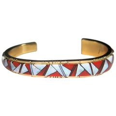 Retro 14K Coral and Opal Inlay Cuff Bracelet