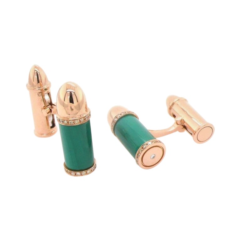 Diamond Pave Green Malachite Luxury Rocket Bullet 18 Karat Gold Men Cufflinks For Sale