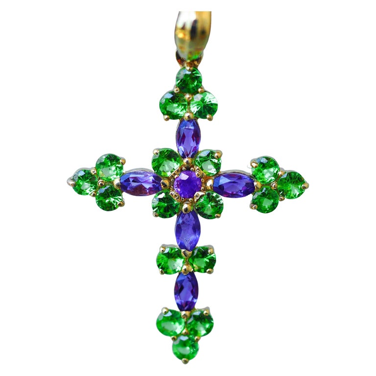 14k Gold Cross Pendant with Colored Stones: Amethysts and Tsavorites For Sale
