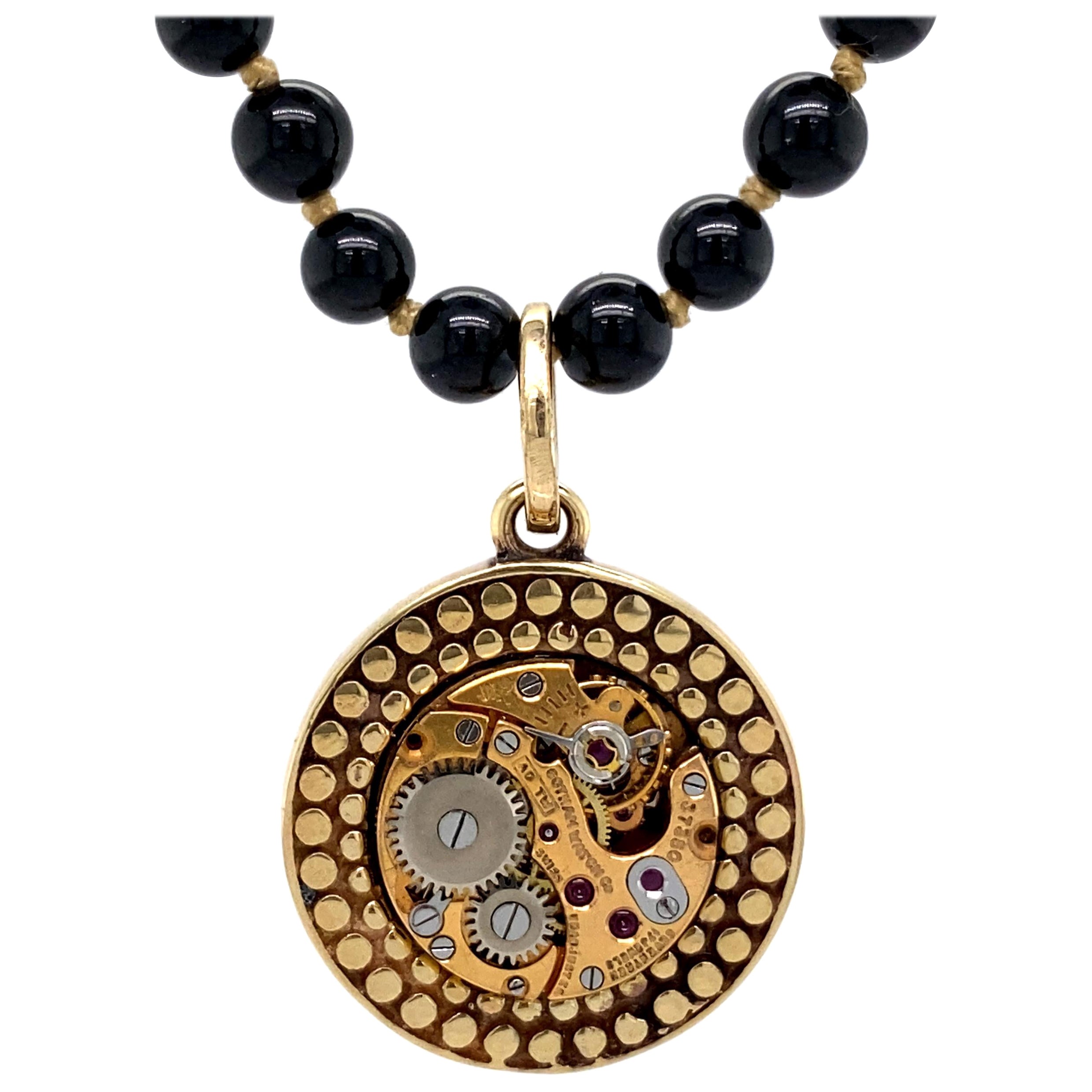 "Caviar Time" Pendant in Yellow Gold w Mechanical Watch Movement & Spinel Chain For Sale