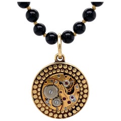 "Caviar Time" Pendant in Yellow Gold w Mechanical Watch Movement & Spinel Chain