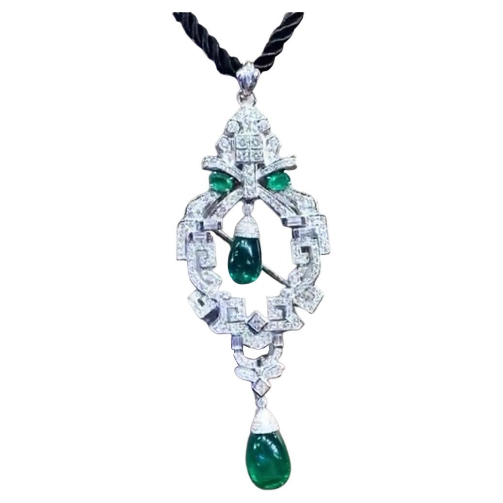 Amazing Ct 30, 89 of Zambia Emeralds and Diamonds on Pendant/Brooch For Sale