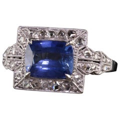 Antique Art Deco Platinum Natural Sapphire and Diamond Engagement Ring, GIA