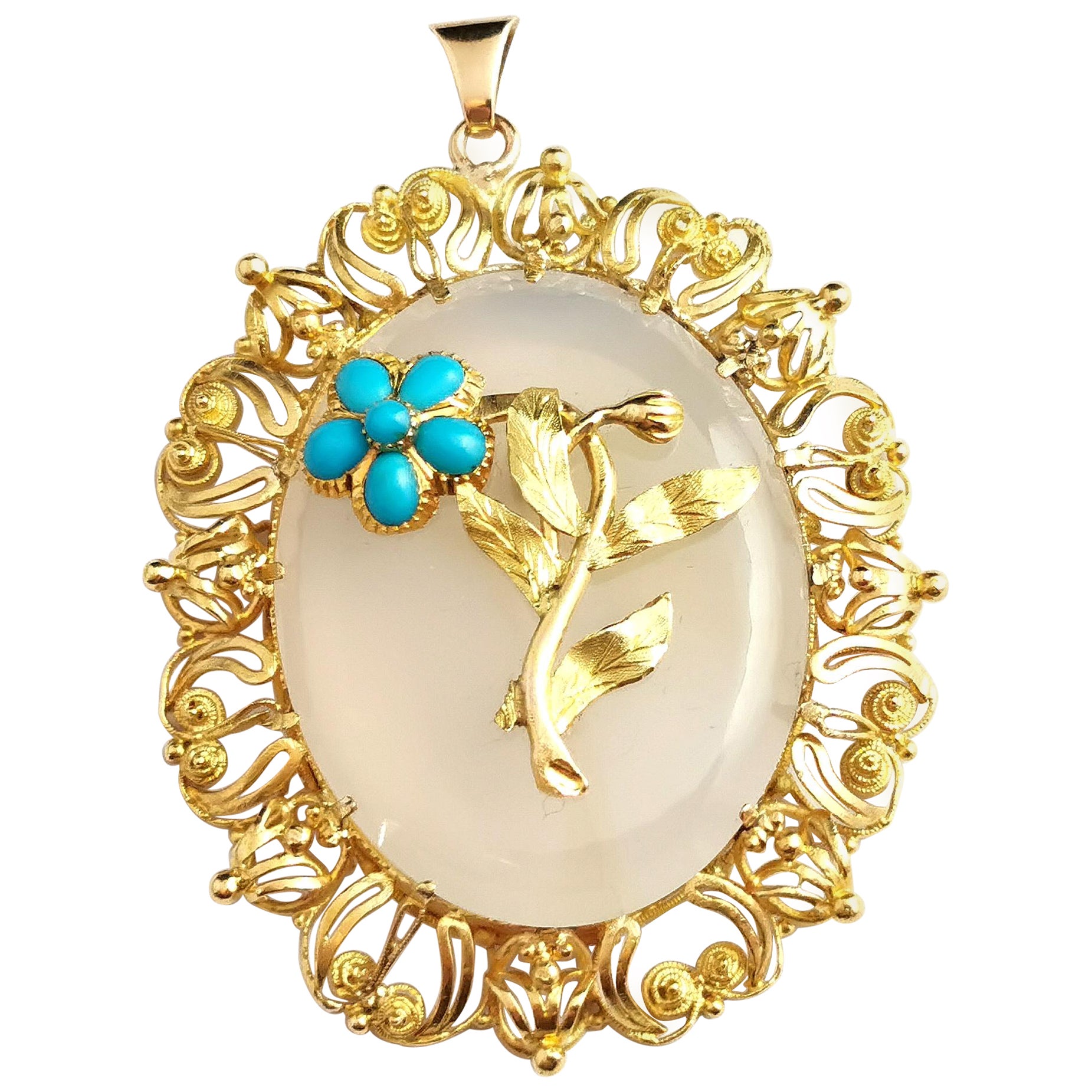 Antique Victorian Chalcedony and Turquoise Flower Pendant, 18k Yellow Gold