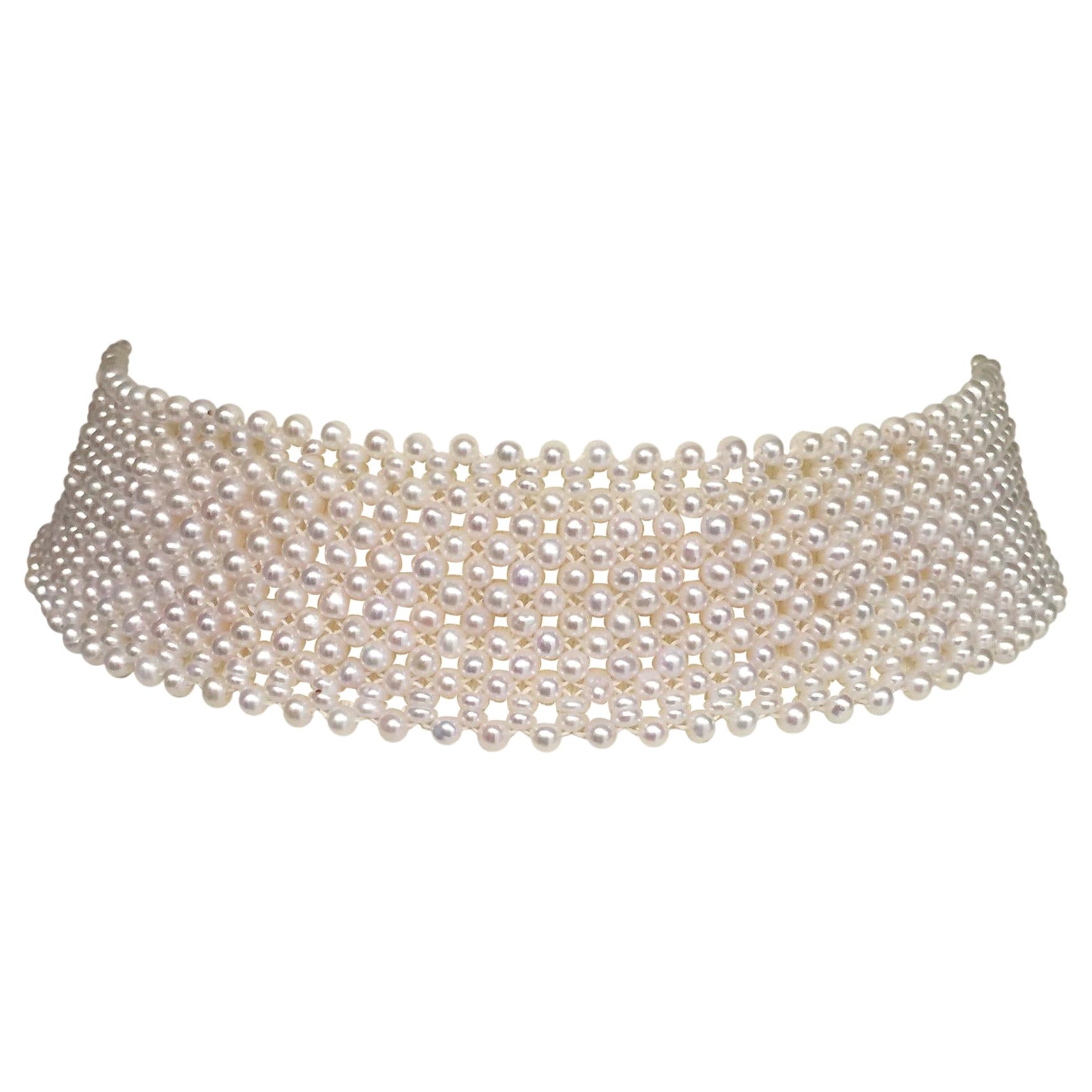 Marina J Woven Wide White Pearl Choker with 14 k White Gold Sliding Clasp