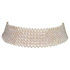 Marina J Woven Wide White Pearl Choker with 14 k White Gold Sliding Clasp