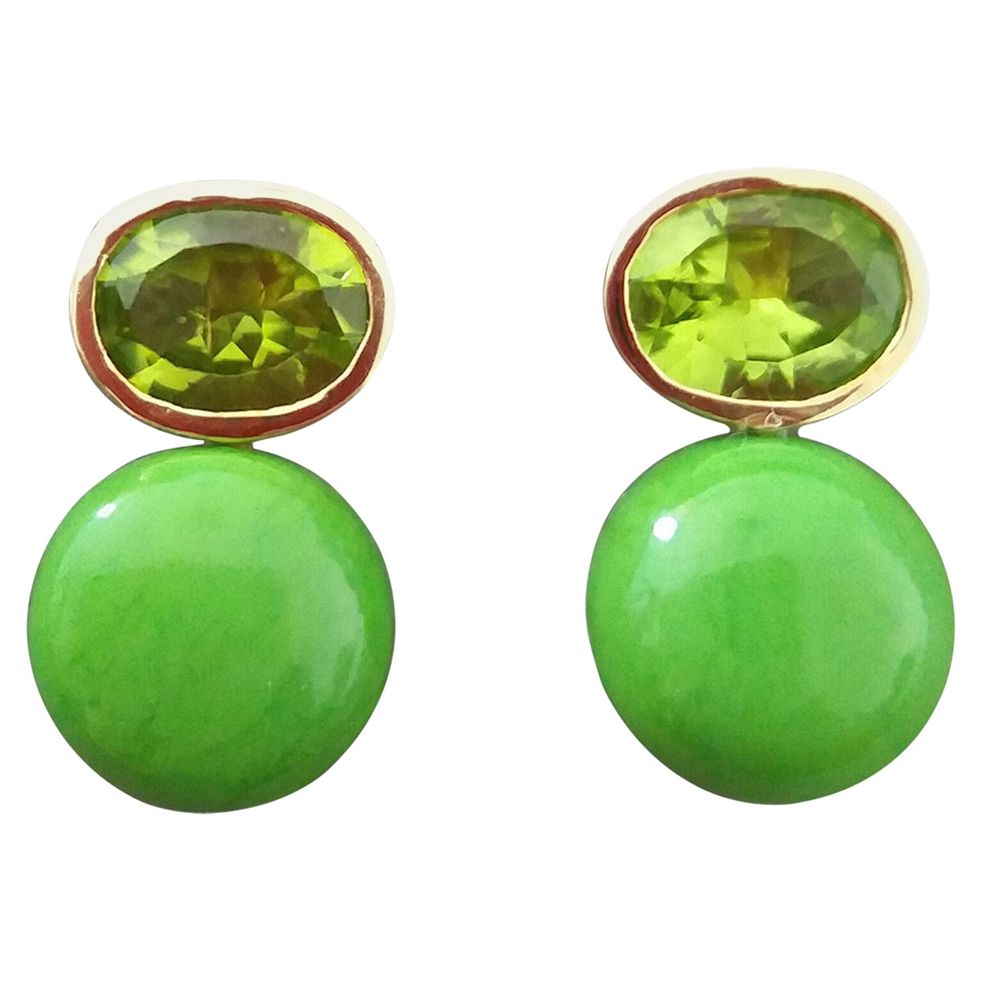 Oval Cut Peridot Turkmenistan Green Turquoise Round Cab 14K Yellow Gold Earrings For Sale