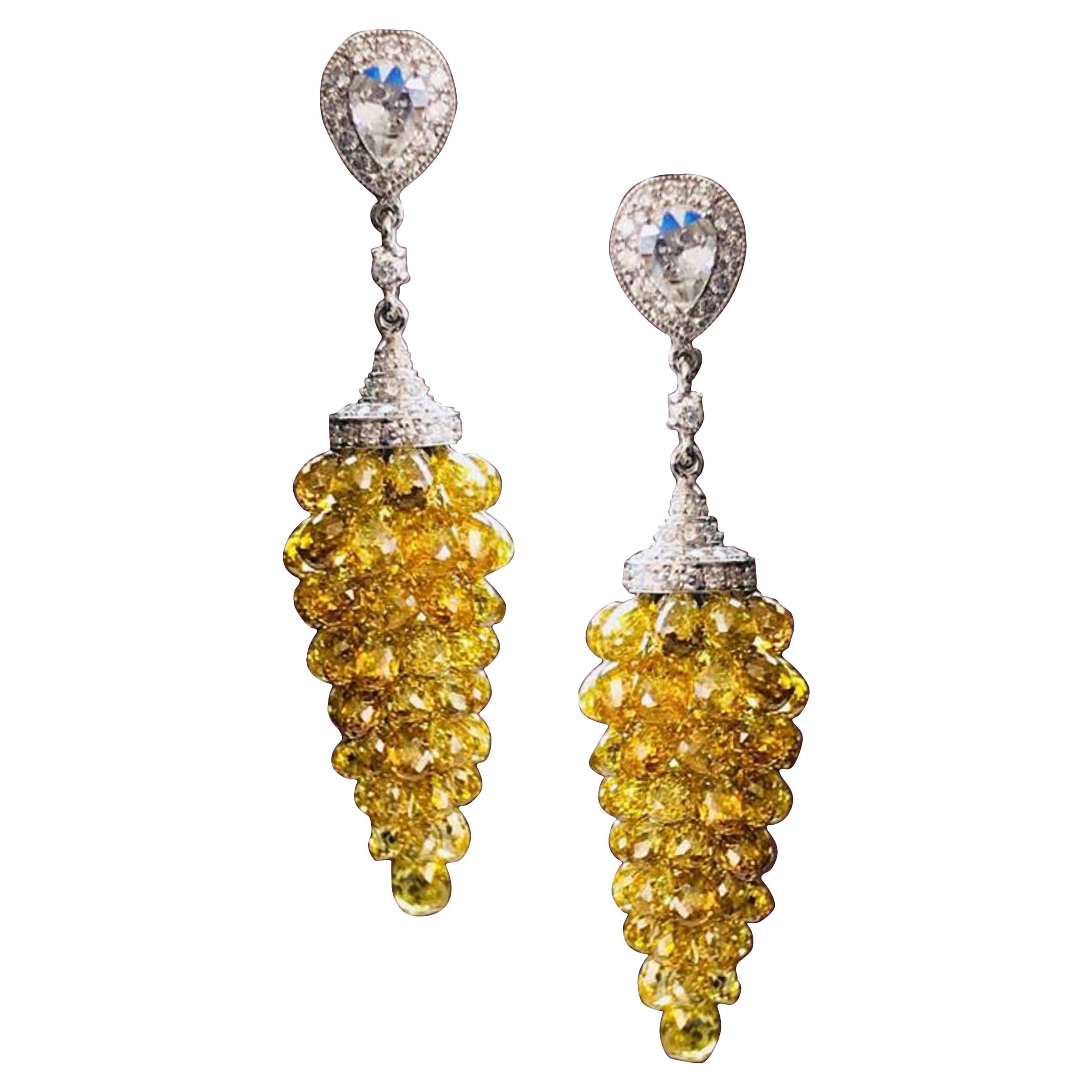 PANIM  Fancy Color Diamond Briolette 18k White Gold Drop Earrings For Sale