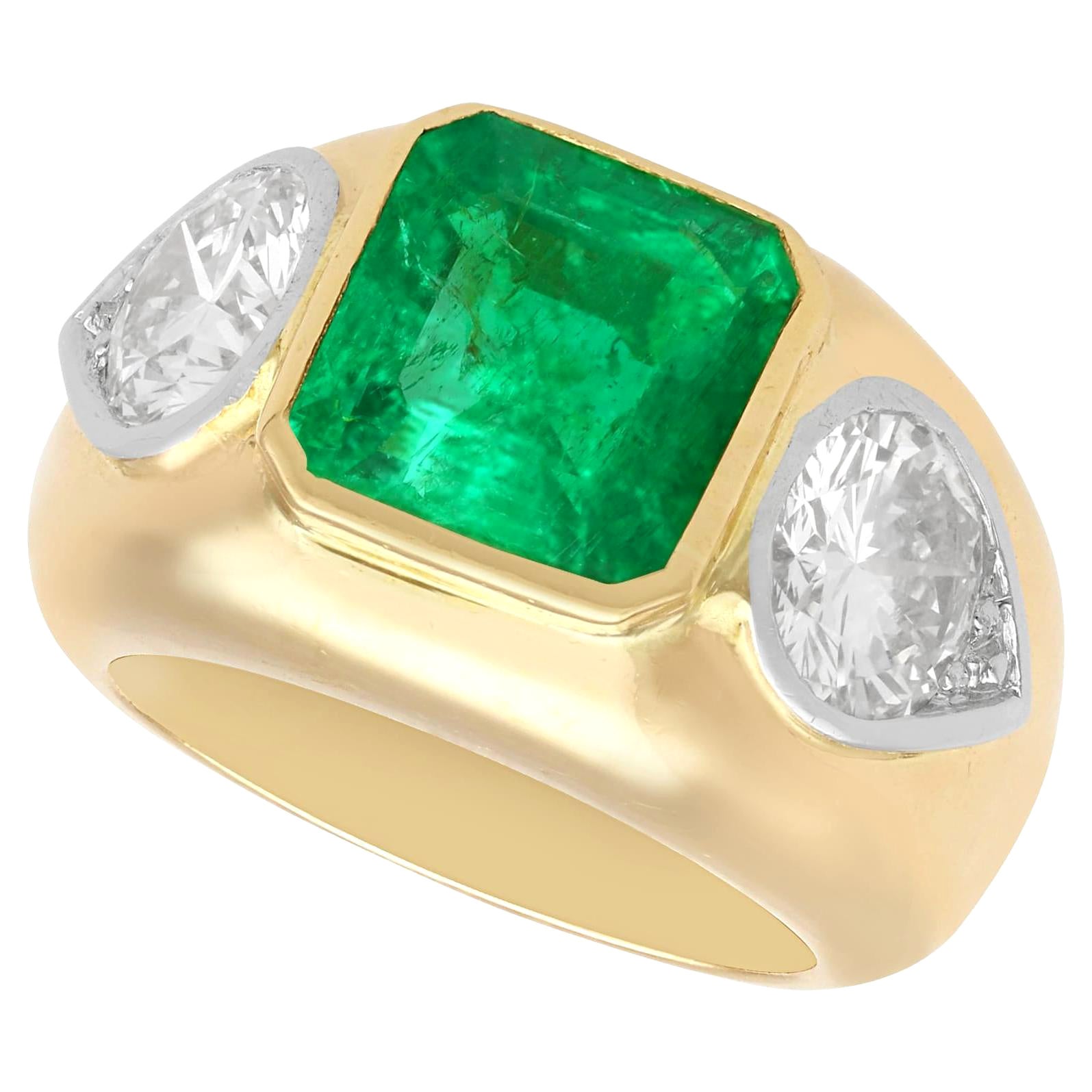 Vintage Colombian Emerald and 2.18 Carat Diamond, 18ct Yellow Gold Dress Ring For Sale