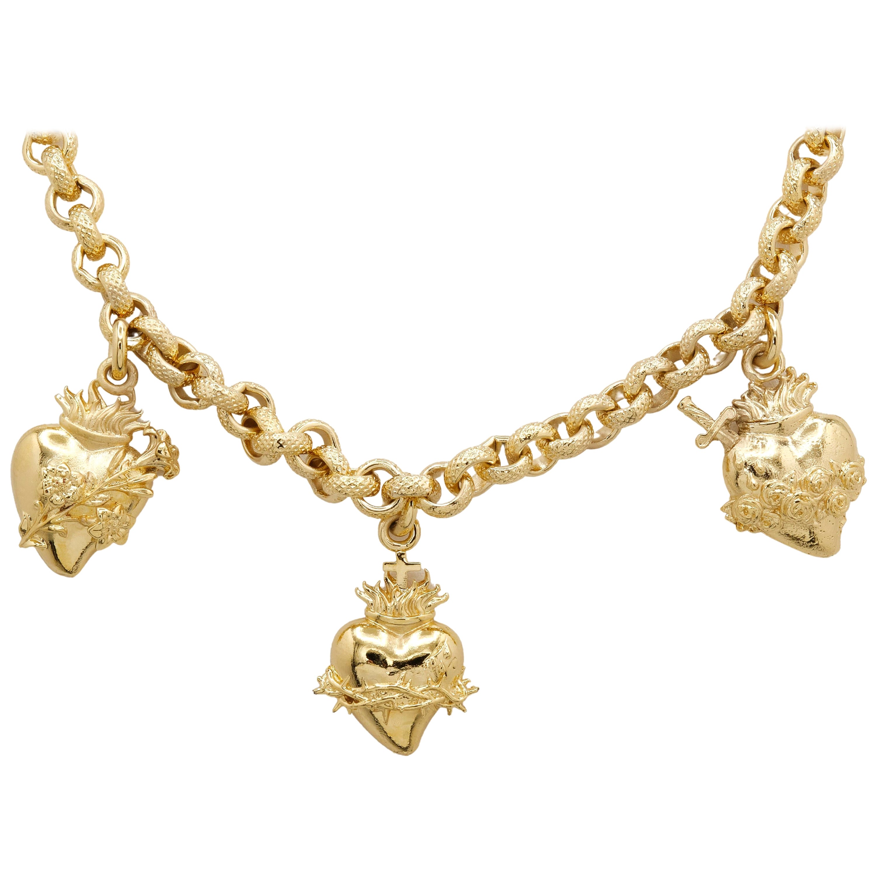 24kt Gold Plated Bronze Necklace with Sacred Hearts of Jesus, Joseph and Mary