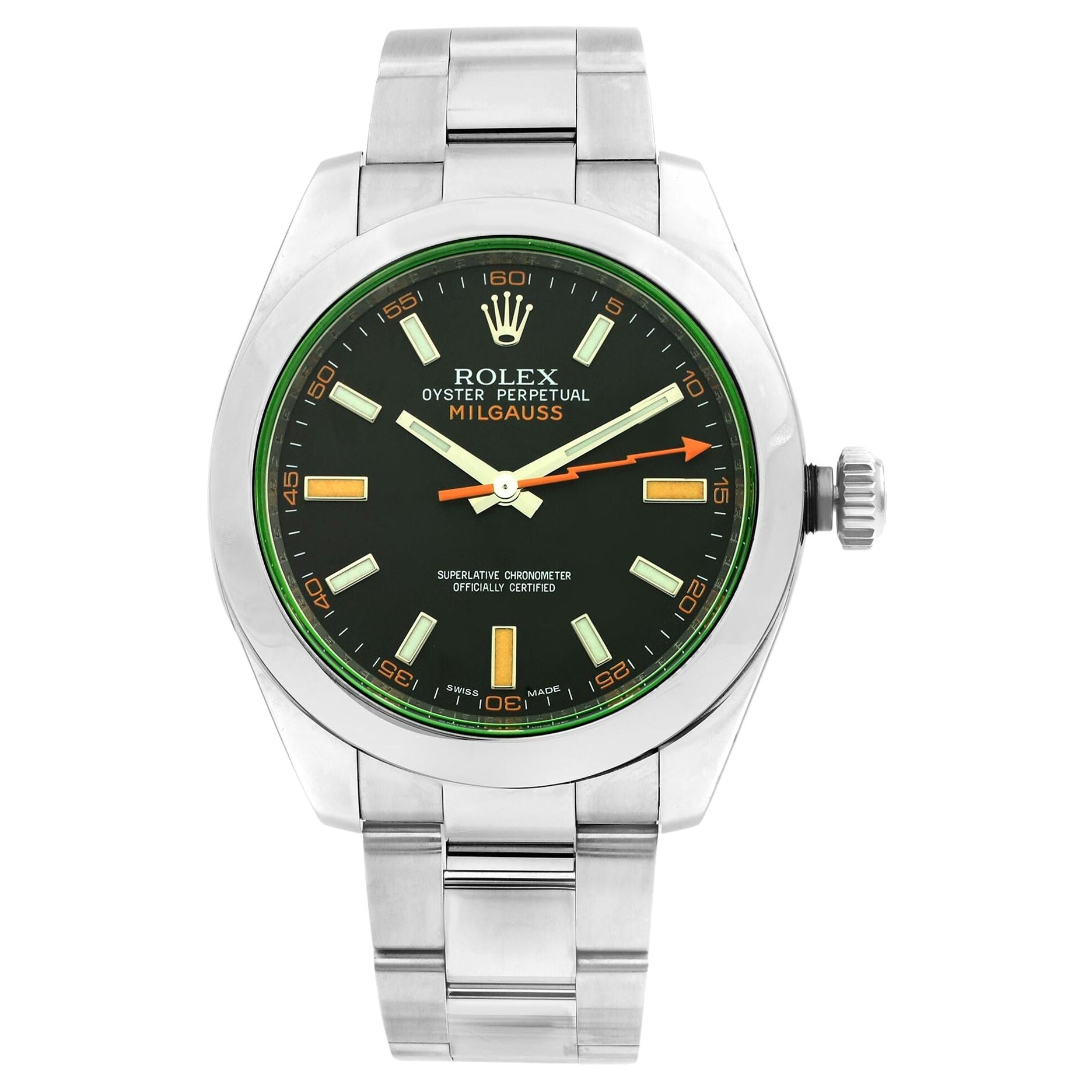 Rolex Milgauss Green Crystal Orange Hand Black Dial Mens Watch 116400GV en vente