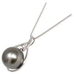 18k White Gold Round Black Tahitian South Sea Cultured Pearl & Diamond Necklace