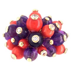 Yellow Gold Coral and Amethyst Bead Ring with Diamonds