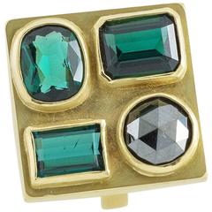 Modern Green Tourmaline Black Diamond Gold Fashion Ring 11