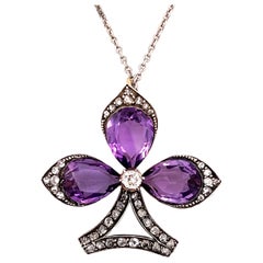 Victorian Era Fleur De Lis Pendant Necklace Diamonds & Amethyst Gemstones