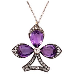 Antique Victorian Era Fleur De Lis Pendant Necklace Diamonds & Amethyst Gemstones