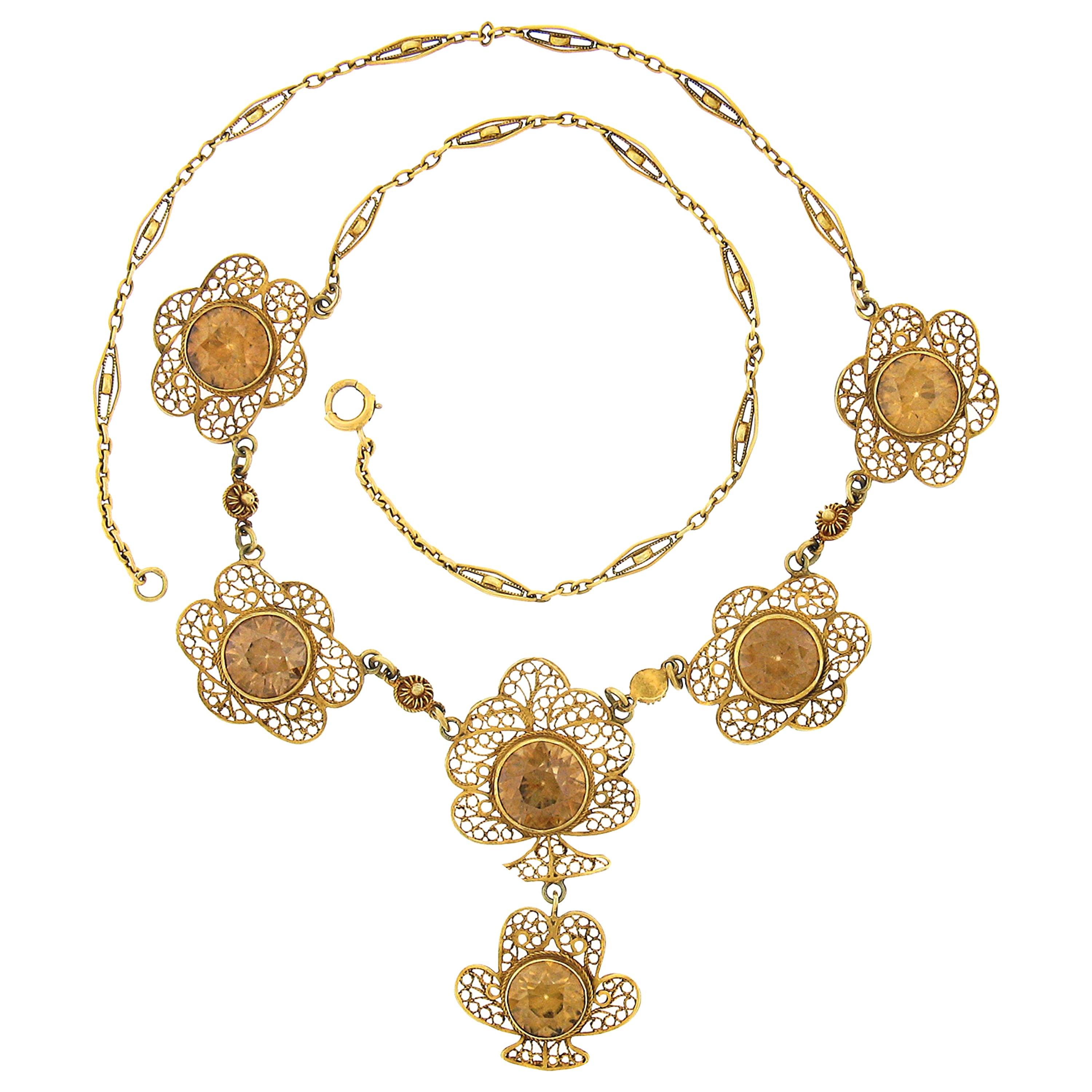 Antique 14K Gold 21.40ctw GIA Brownish Yellow Zircon Open Filigree Work Necklace For Sale