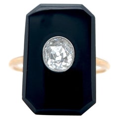 Edwardian Old Mine Cut Diamond Onyx 14 Karat Rose Gold Ring