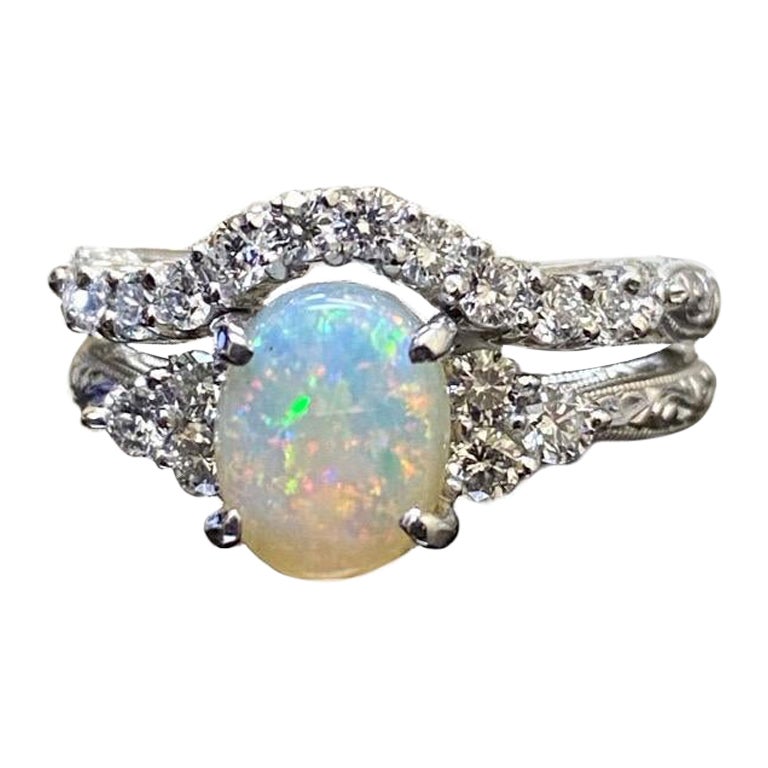Hand Engraved 18K White Gold Diamond Australian Opal Engagement Ring Bridal Set
