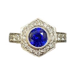 Hand Engraved Platinum 2 Carat Ceylon Blue Sapphire Platinum Halo Diamond Ring