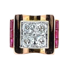 Retro French 1.70 Carats Old European Cut Diamonds Ruby 18 Karat Gold Tank Ring