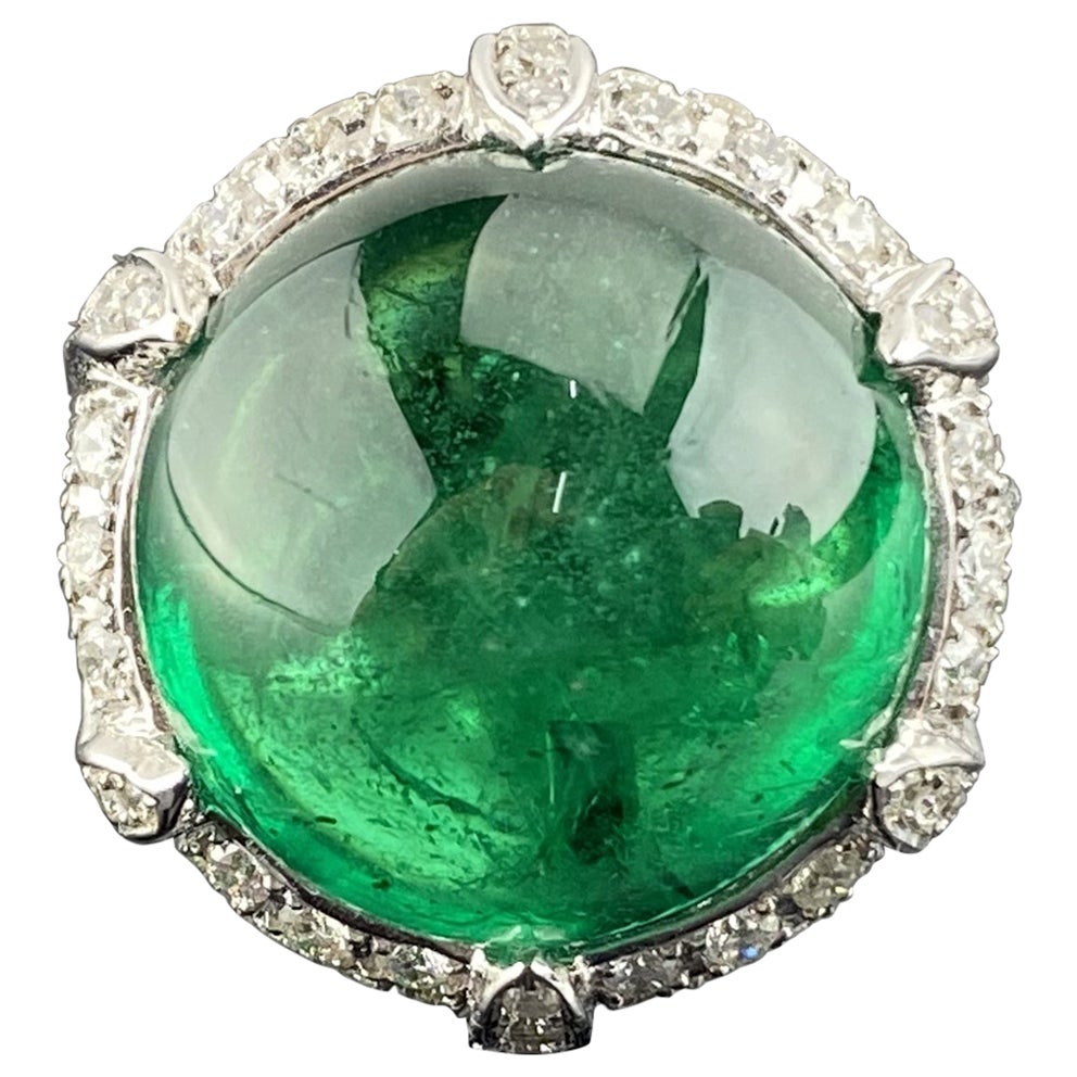 Certified 17.30 Carat Cabochon Emerald and Diamond Cocktail Engagement Ring