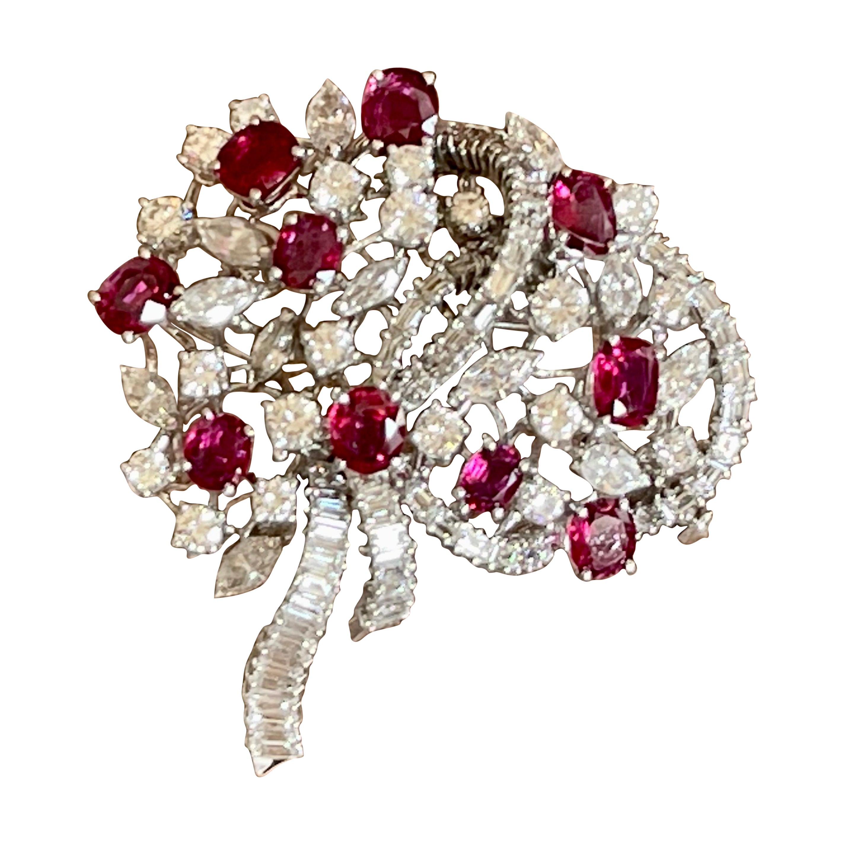 1960 18 K white Gold cluster Vintage Ruby Diamonds Brooch  For Sale