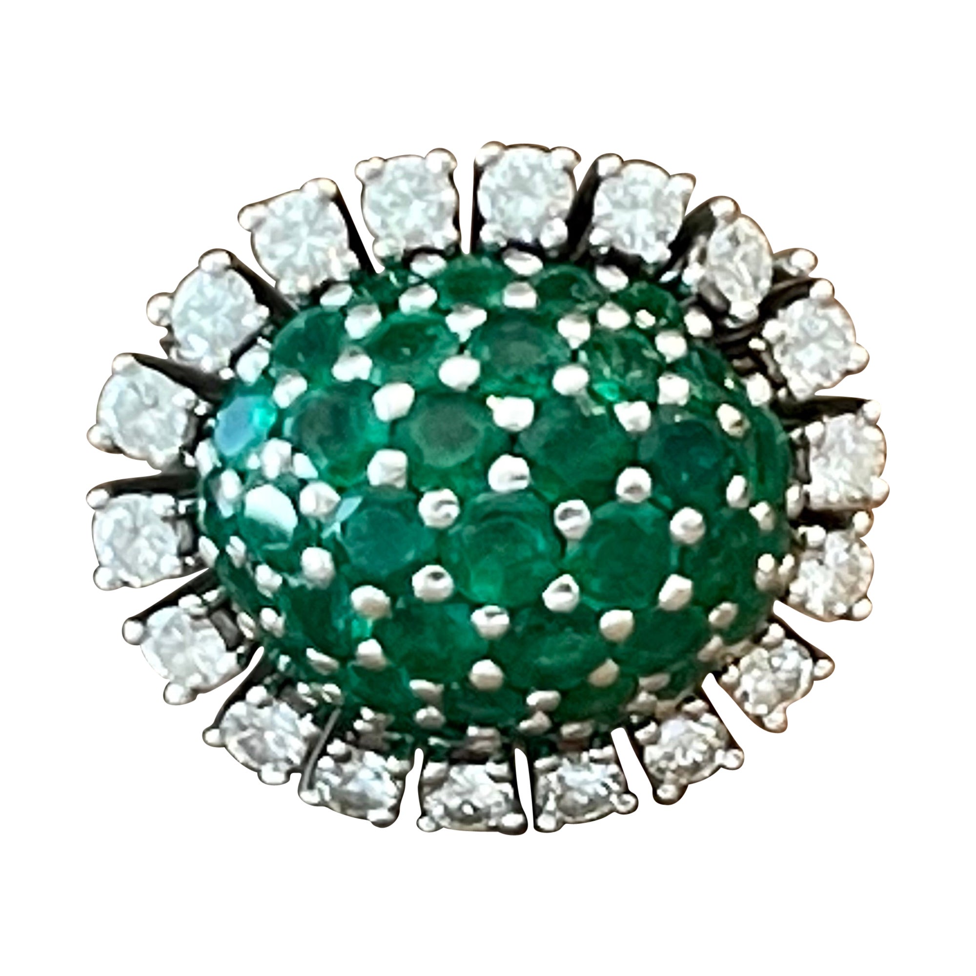Platinum Vintage Cocktail Ring Diamonds Emeralds For Sale