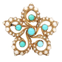 Art Nouveau 15k Gold Pearl And Turquoise Star Brooch Pendant, Circa 1905