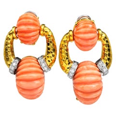 Trio 1970's Carved Coral Diamond 18K Gold Door Knocker Clip on Earrings