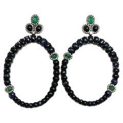 Vintage Sapphire and Emerald Cabochon Diamond Frontal Hoop Stud Earrings