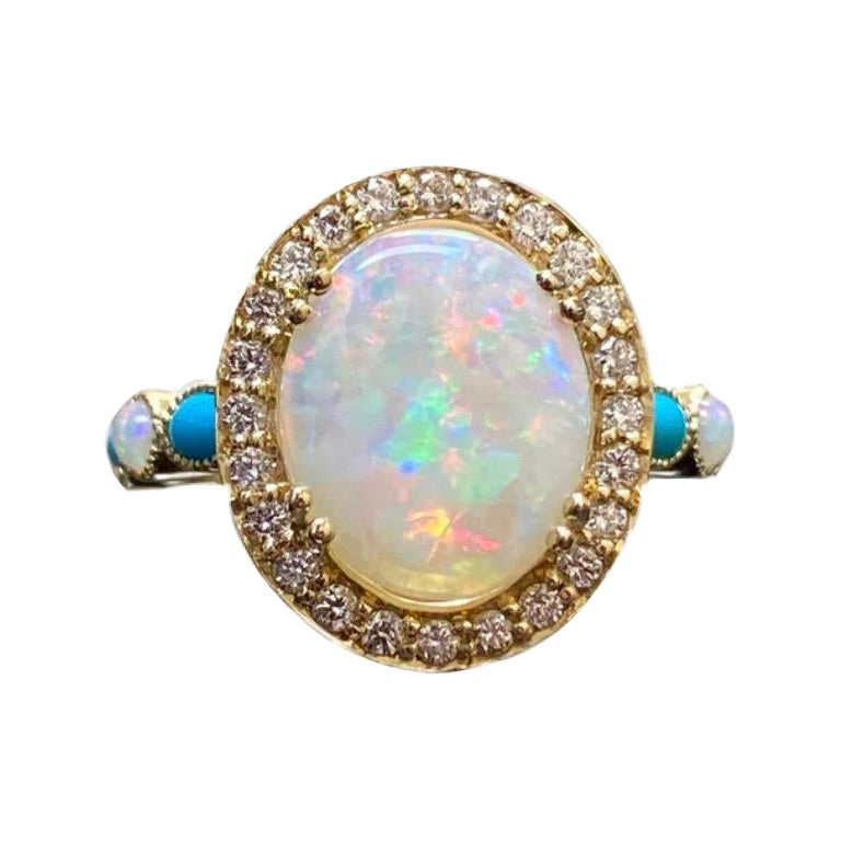 Bague de fiançailles en or jaune 18 carats avec halo de diamants, turquoise et opale d'Australie