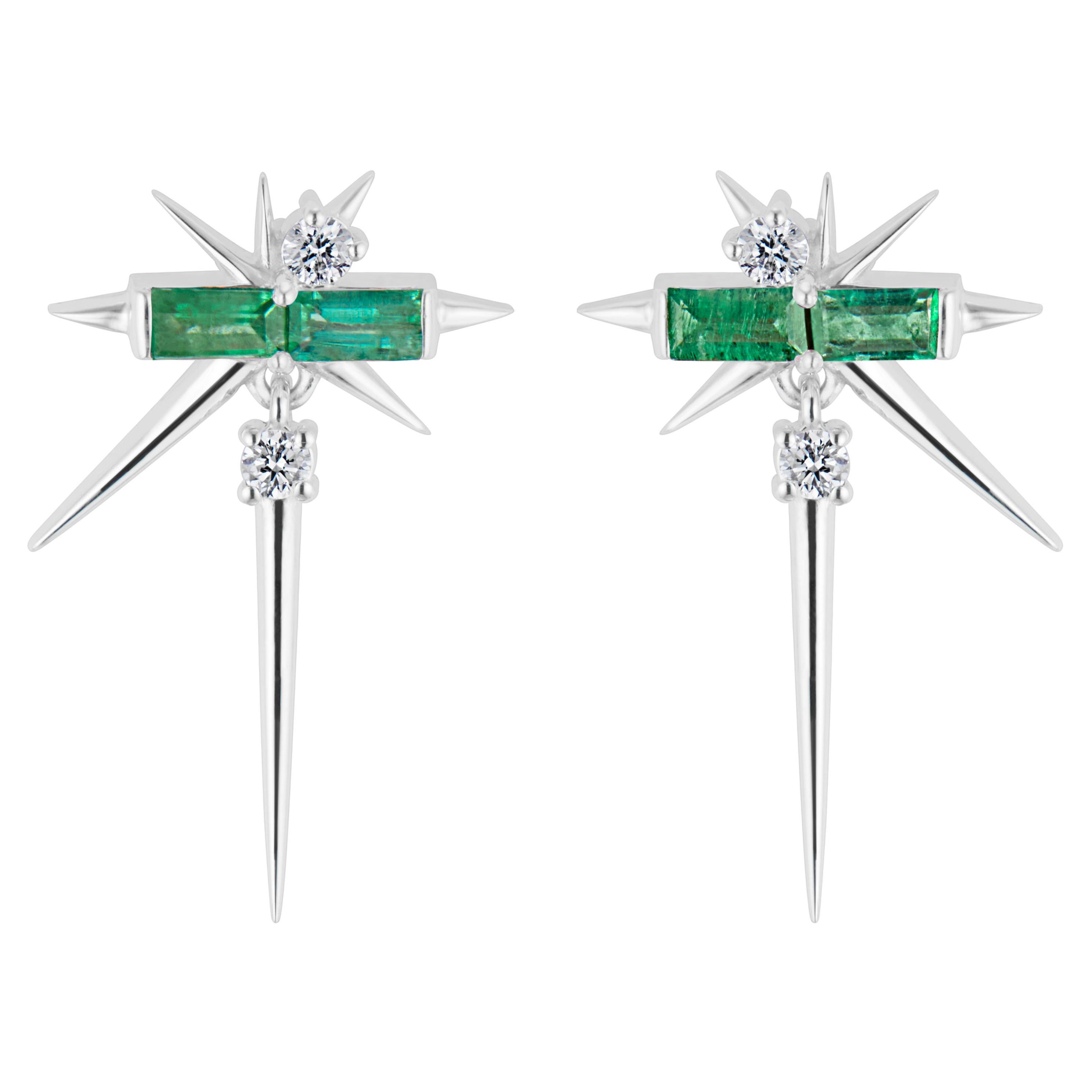 Smaragd Baguette- und runde Diamant-Tropfen-Ohrringe, Spike-Ohrringe