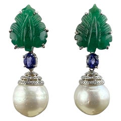 Natural Zambian Carved Emerald and South Sea Pearl Earrings Set in 18K Gold
