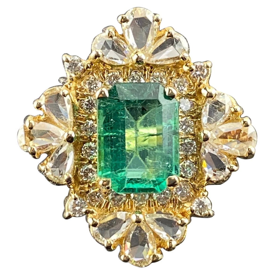 1.71 Carat Emerald and Diamond 18K Yellow Gold Engagement Ring For Sale