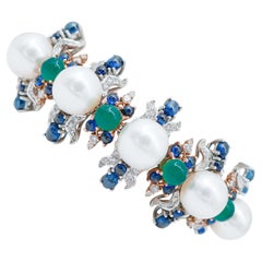 South-Sea Pearls, Green Agate, Sapphires, Diamonds, 14 Karat Gold Bracelet