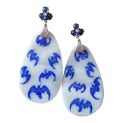 Antique Hand Painted Mother of Pearl Gold Diamond Blue Sapphire Dangle Earrings