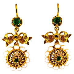 Art Deco Style Micro Pearls 0.70 Carat Emerald Yellow Gold Drop Stud Earrings
