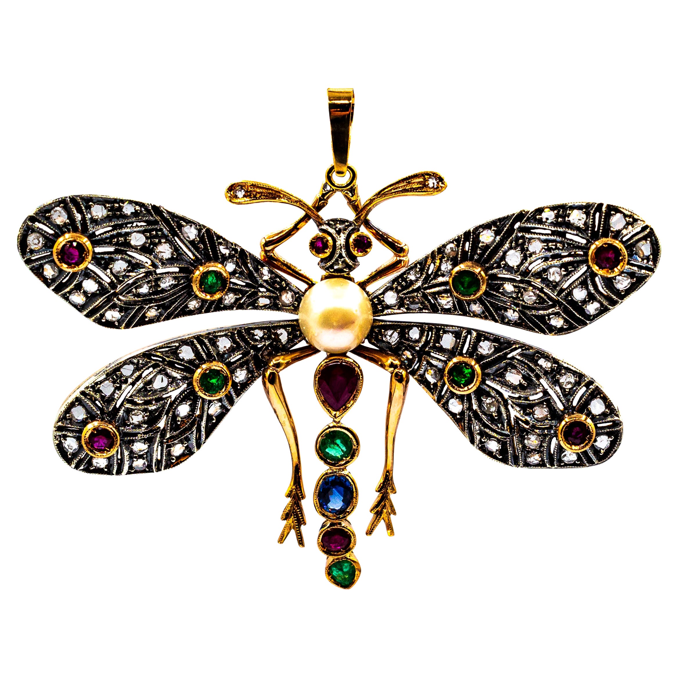 Art Nouveau White Diamond Ruby Emerald Sapphire Yellow Gold "Butterfly" Pendant