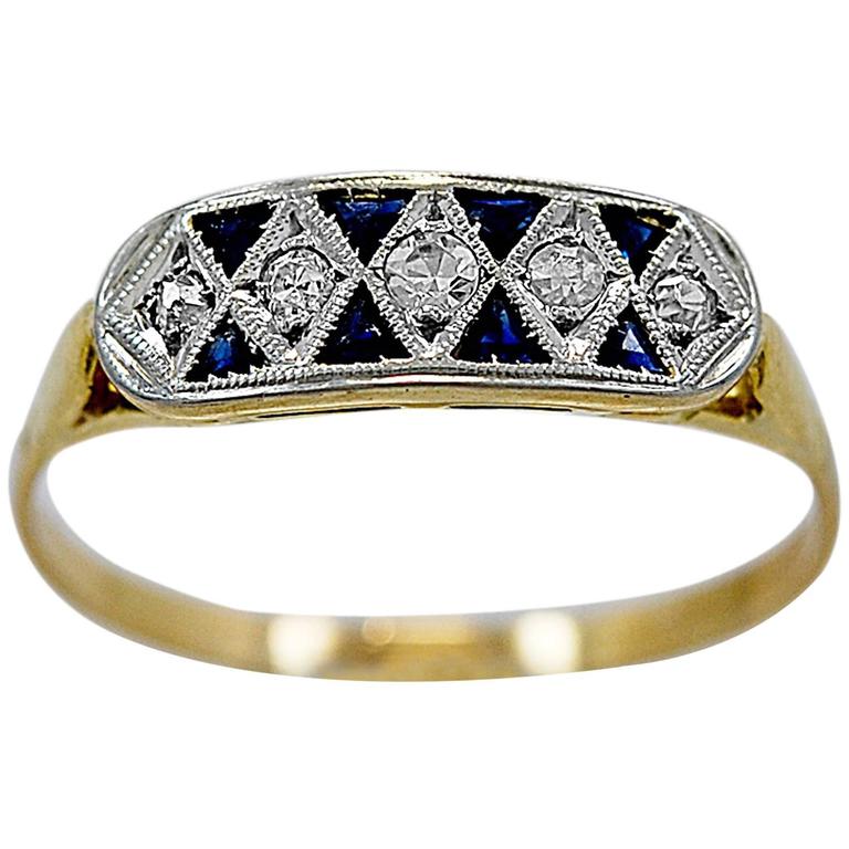 Art Deco Sapphire Diamond Platinum Gold Wedding Band Ring