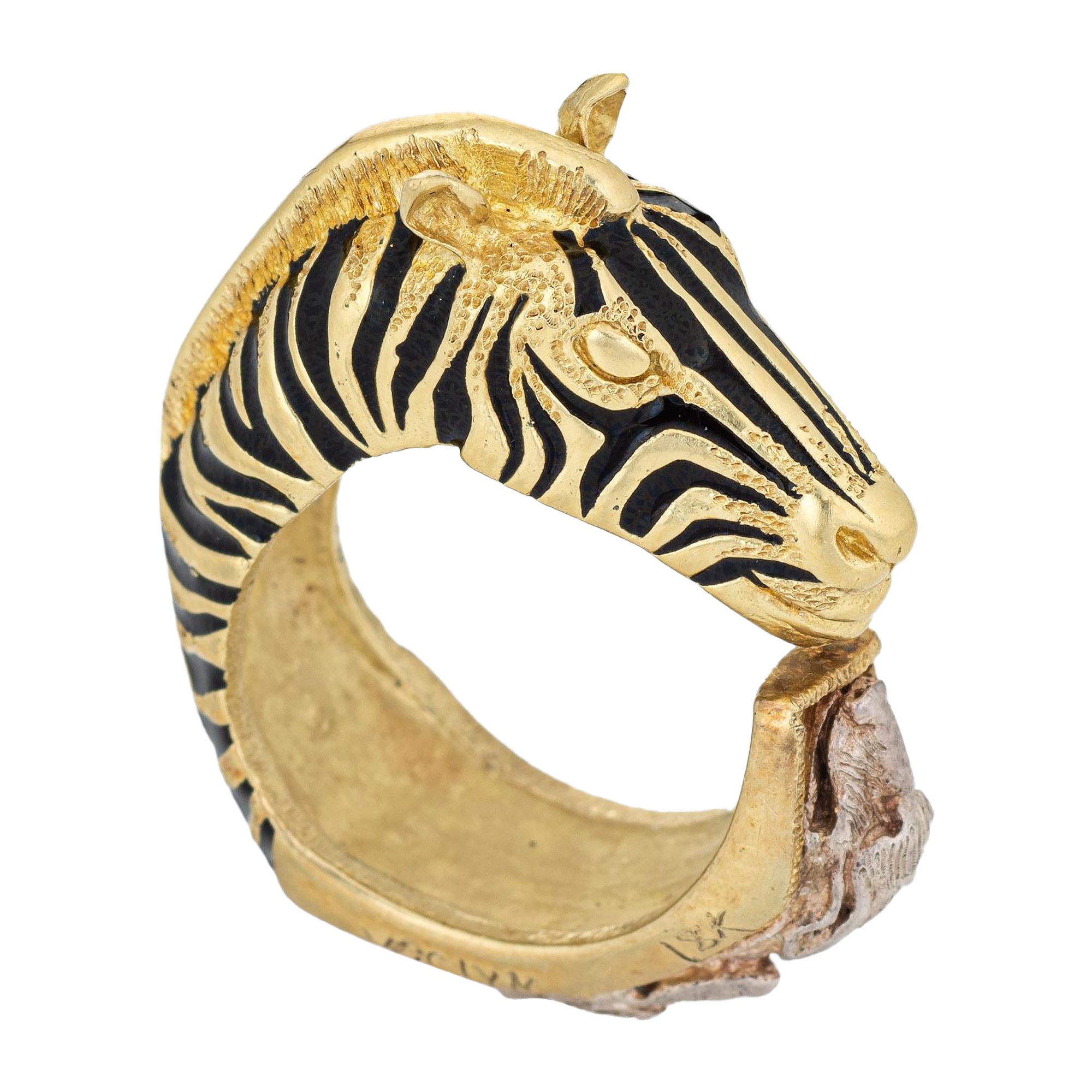 Zebra Foxes Ring Vintage 18k Yellow Gold Silver Estate Fine Animal Jewelry