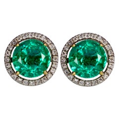 Fine 7.05ct GIA Certified Vivid Green Emerald & Diamond Gold Halo Earring Studs