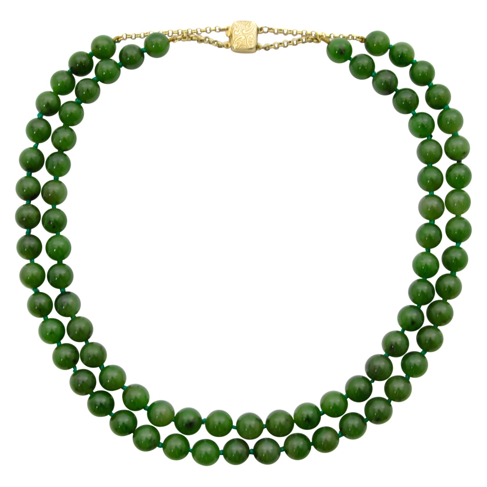 Art Deco Nephrite Jade Two-Strand Beaded Necklace For Sale