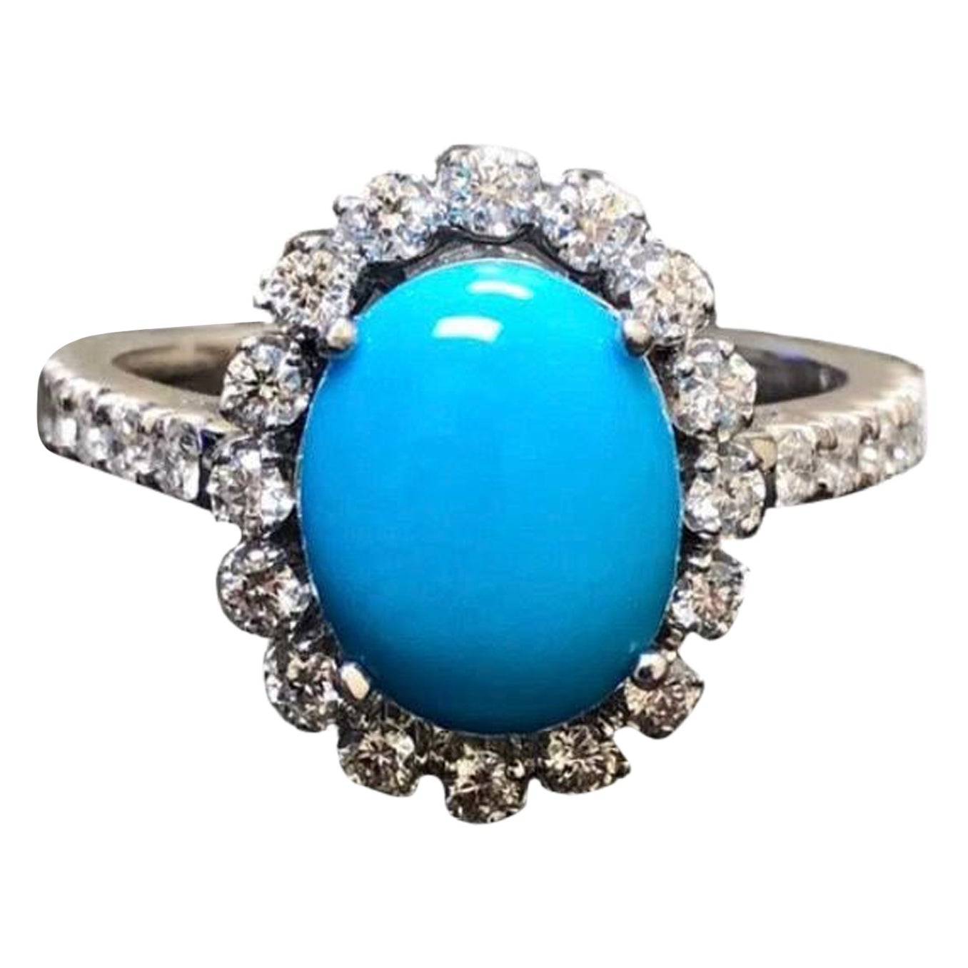 Bague de fiançailles en platine avec turquoise ovale Sleeping Beauty et halo de diamants